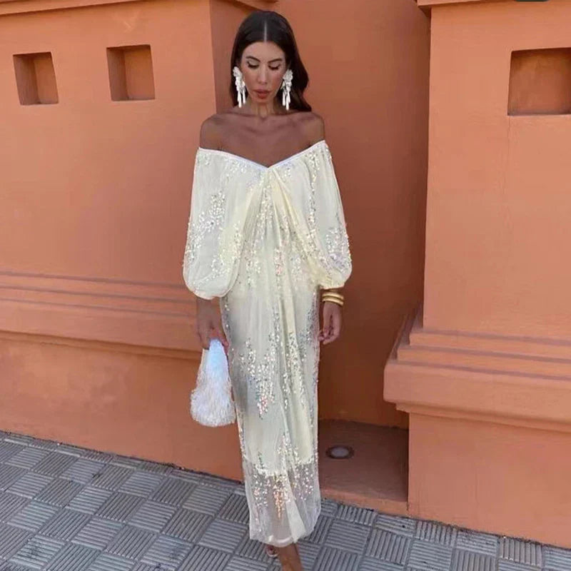 Sequins Strapless Pleated Women Slash Neck Lantern Sleeve 2025 Spring Ladies New Evening Party Vestido Midi Dress