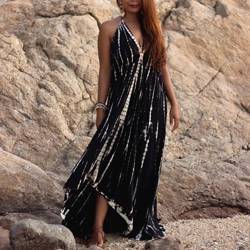 Sexy Backless Halter Necktie Printed Boho Dress