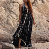 Sexy Backless Halter Necktie Printed Boho Dress