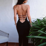 Backless Halter Elegant Bandage Outfits For Women Summer Club Black Gown Dresses Midi Dress
