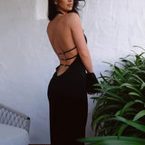 Backless Halter Elegant Bandage Outfits For Women Summer Club Black Gown Dresses Midi Dress