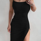 Black Long Bodycon Women Summer Sleeveless Blackless Halter Neck High Split Vestidos Midi Dress