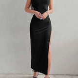 Black Long Bodycon Women Summer Sleeveless Blackless Halter Neck High Split Vestidos Midi Dress