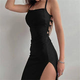 Black Long Bodycon Women Summer Sleeveless Blackless Halter Neck High Split Vestidos Midi Dress