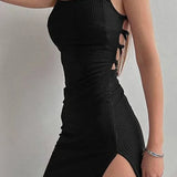 Black Long Bodycon Women Summer Sleeveless Blackless Halter Neck High Split Vestidos Midi Dress
