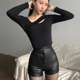 Black PU Fashion Casual Summer Women Clothing Faux Leather Goth High Waisted Womens Y2k Hot Woman Pants Short