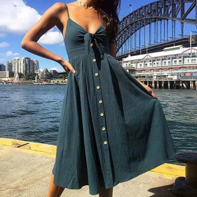 Bow Polka Dots Print Beach Summer Women 2025 Cotton Deep V Neck Buttons Red White Off Shoulder Midi Dress