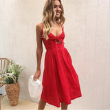 Bow Polka Dots Print Beach Summer Women 2025 Cotton Deep V Neck Buttons Red White Off Shoulder Midi Dress