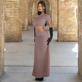 Cut Out Elegant Fashionable One Shoulder Short Sleeve Bodycon Stylish Maxi Dress