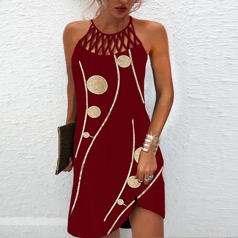 Women Beach Mini Dress Fashion Summer Sleeveless Hollow Elegant Boho Party