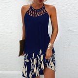 Women Beach Mini Dress Fashion Summer Sleeveless Hollow Elegant Boho Party