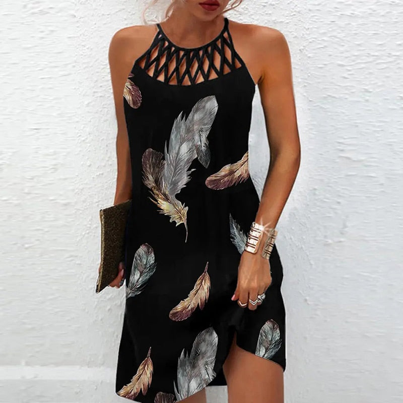 Women Beach Mini Dress Fashion Summer Sleeveless Hollow Elegant Boho Party