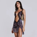 Hollow Out Print Elegant Spaghetti Striped Slim Evening Club Mini Dress
