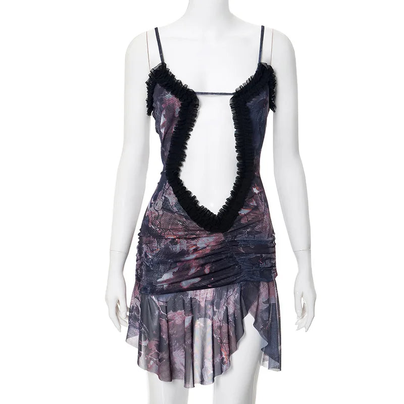 Hollow Out Print Elegant Spaghetti Striped Slim Evening Club Mini Dress