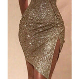 One Shoulder Cut Out Slit Bodycon Sequin Dress