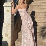 Print Wrap Waist Sling Slash Neck Slim Sleeveless Backless Fashion Party Dresses Maxi Dress