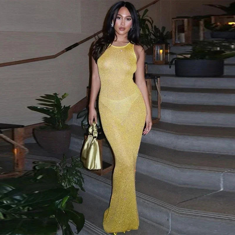 See Through Solid Sequin U-neck Sleeveless Maxi Dresses 2025 Spring Summer Ladies Slim Maxi Dress