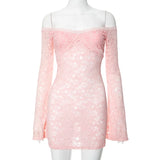 Sheer Lace Elegant Fashion Off Shoulder Long Sleeve Slim Party Mini Dress