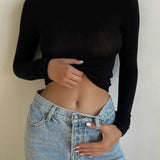 Gray Spring Fashion Hollow Out Backless Long Sleeve Round Neck Women's T-shirt