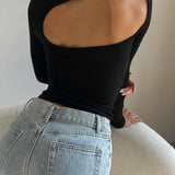 Gray Spring Fashion Hollow Out Backless Long Sleeve Round Neck Women's T-shirt