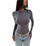 Tight White Basic Spring Casual Black Long Sleeve Round Neck Slim Fit Women's T-shirt