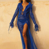 Sexy V neck Perspective Ruffle Drawstring Tight Maxi Dresses