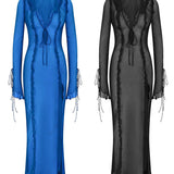 Sexy V neck Perspective Ruffle Drawstring Tight Maxi Dresses