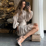 Long Lantern Sleeve Blouse and Pleated Skirt Suit