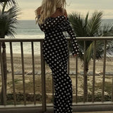 Polka Dots Off Shoulder Long Sleeves Maxi Dress