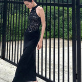 Halter Neck Lace Patchwork Black Maxi Dress