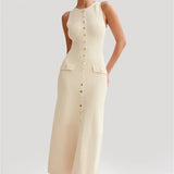 Knit Maxi Dress with Pockets Button-Front
