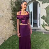 Purple Mesh Two-Piece Set with Sheer Halter Top and Long Skirt