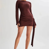 Floral Draped Open Back Knit Long Sleeve Mini Dress