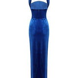 Blue Velvet Halter Sleeveless Maxi Dress