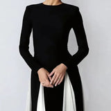 Pleated Patchwork Long Sleeve  Maxi Dress