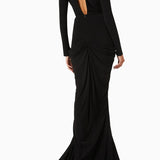 Deep V Neck Long Sleeves Black Maxi Dress  Party Gown