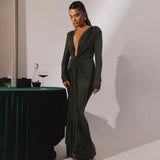 Elastic Deep V-Fold Lace Maxi Dress