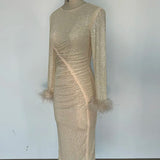 Feathers Rhinestone Folds Midi Dress