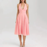 Pink Deep V Collar Halter Sling Midi Dress