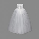 Strapless Mesh White A Line Maxi Long Dress
