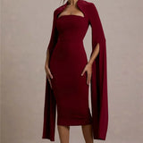 Cape Long Sleeve Square Collar Midi Dress