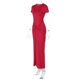 Solid Short Sleeve Ruched Maxi Dress