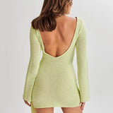 Floral Draped Open Back Knit Long Sleeve Mini Dress