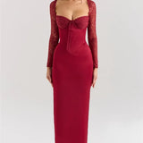 Square Collar Lace-Up Backless Long Sleeve Maxi Dress