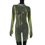 Bling Rhinestones Fishnet Mini Dress Women Sexy Long Sleeve Crystal Dress