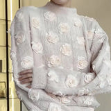 Knitting 3D Flower Lantern Sleeve Top and Long Skirt Suit