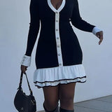 Ruffled Contrast Bow Open Back Lace-Up Knit Mini Dress