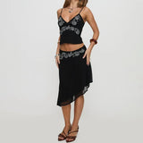 Floral Backless Tie-Up Top Irregular Hem Midi Skirt