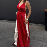 Lace Satin Patchwork High Split Maxi Dress