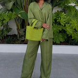 Long Sleeved Silk Geometric Shirt High Waist Pant Set